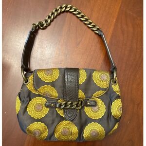 J. Crew silk purse metal chain brown small leather gold clutch evening medallion